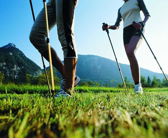 Zwei Personen beim Nordic Walking auf einer Wiese