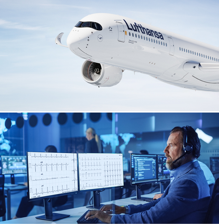 Half image with Luthansa plane above and medical ground control centre below.