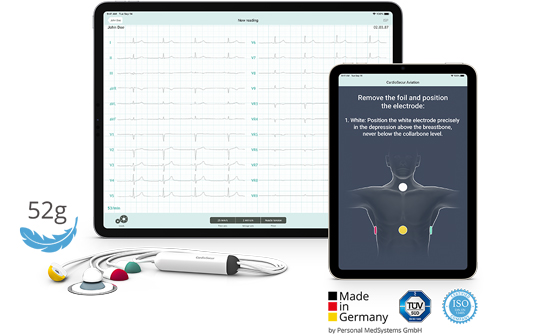 CardioSecur Aviation app on iPad Pro 12.9" and iPad Mini with ECG cable.