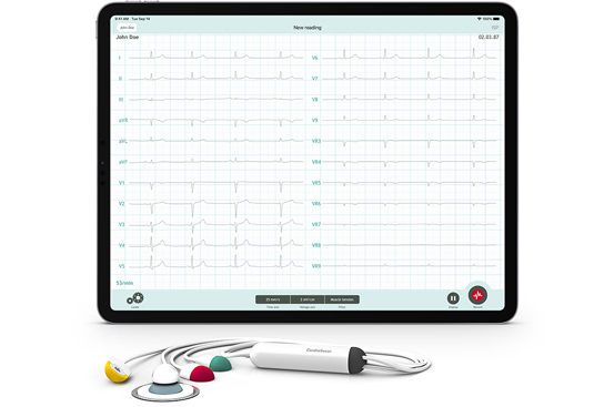 iPad 12.9" with the CardioSecur Pro app recording a 22-lead ECG and the electrodes cable in front of it.